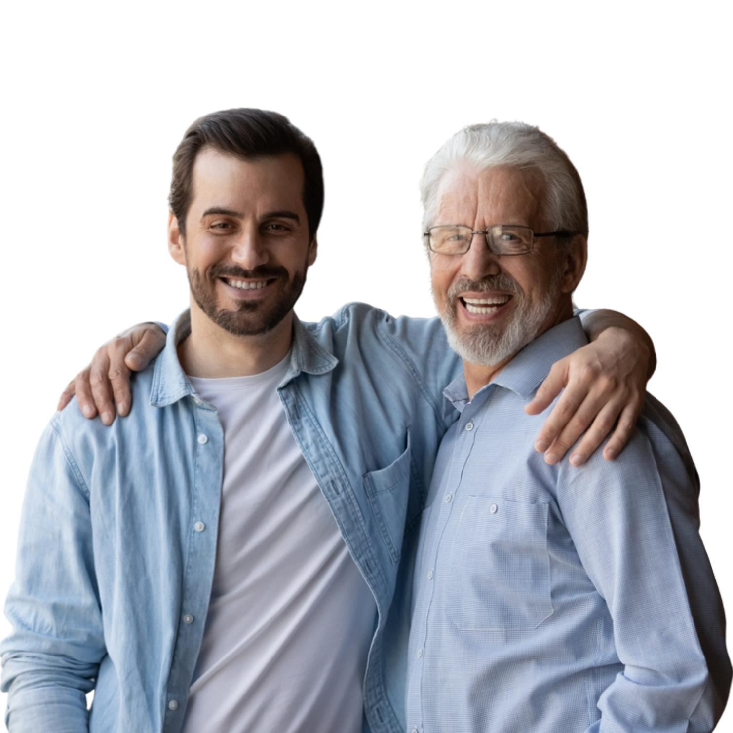 happy adult male with arms around his father in alcohol rehab