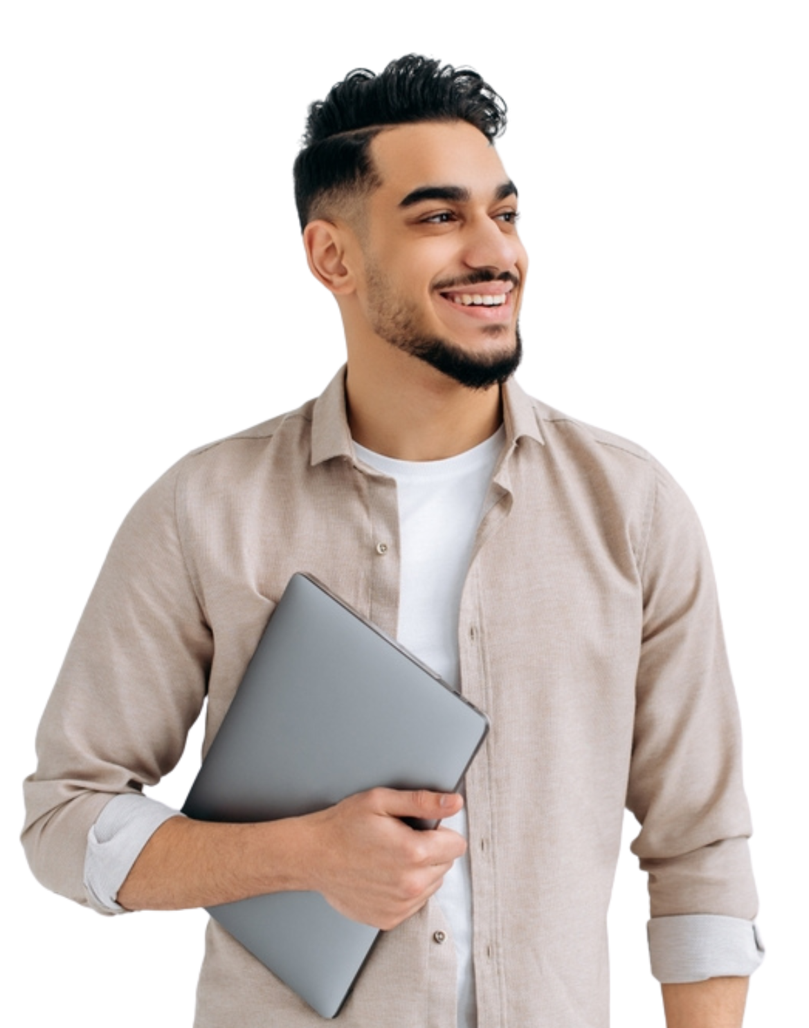 happy male professional carrying laptop